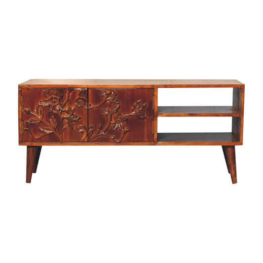 Media Unit - Botanic by Maple Manor in warm brown wood with carved floral doors and open shelving