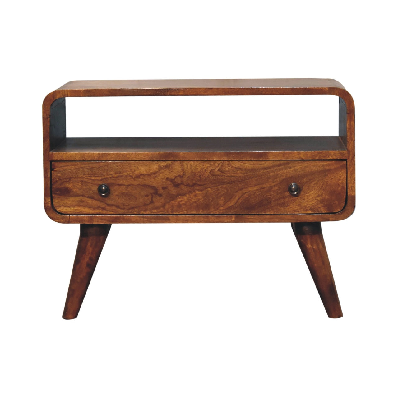 Media Unit - Mini Chestnut Curved by Maple Manor solid wood media unit in chestnut brown with curved drawer front