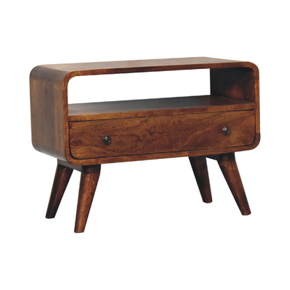 Media Unit - Mini Chestnut Curved by Maple Manor, solid wood media unit with curved chestnut top and drawer.
