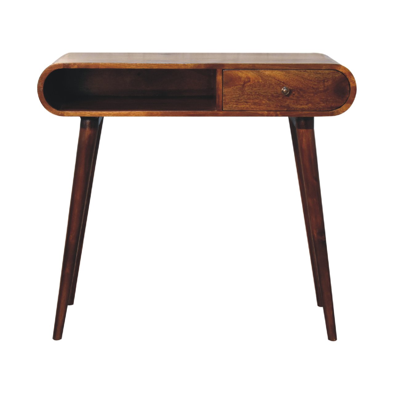 Chestnut Console - London by Maple Manor console table in chestnut brown wood, drawer and open shelf