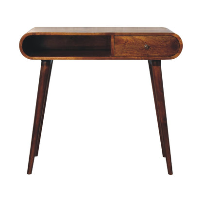 Chestnut Console - London by Maple Manor console table in chestnut brown wood, drawer and open shelf