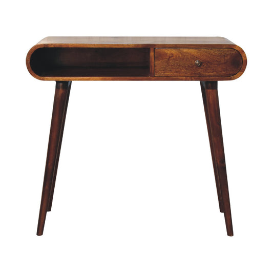 Chestnut Console - London by Maple Manor console table in chestnut brown wood, drawer and open shelf
