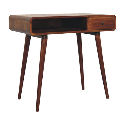 Chestnut Writing Desk - Curved by Maple Manor, curved mango wood writing desk with drawer and open bay