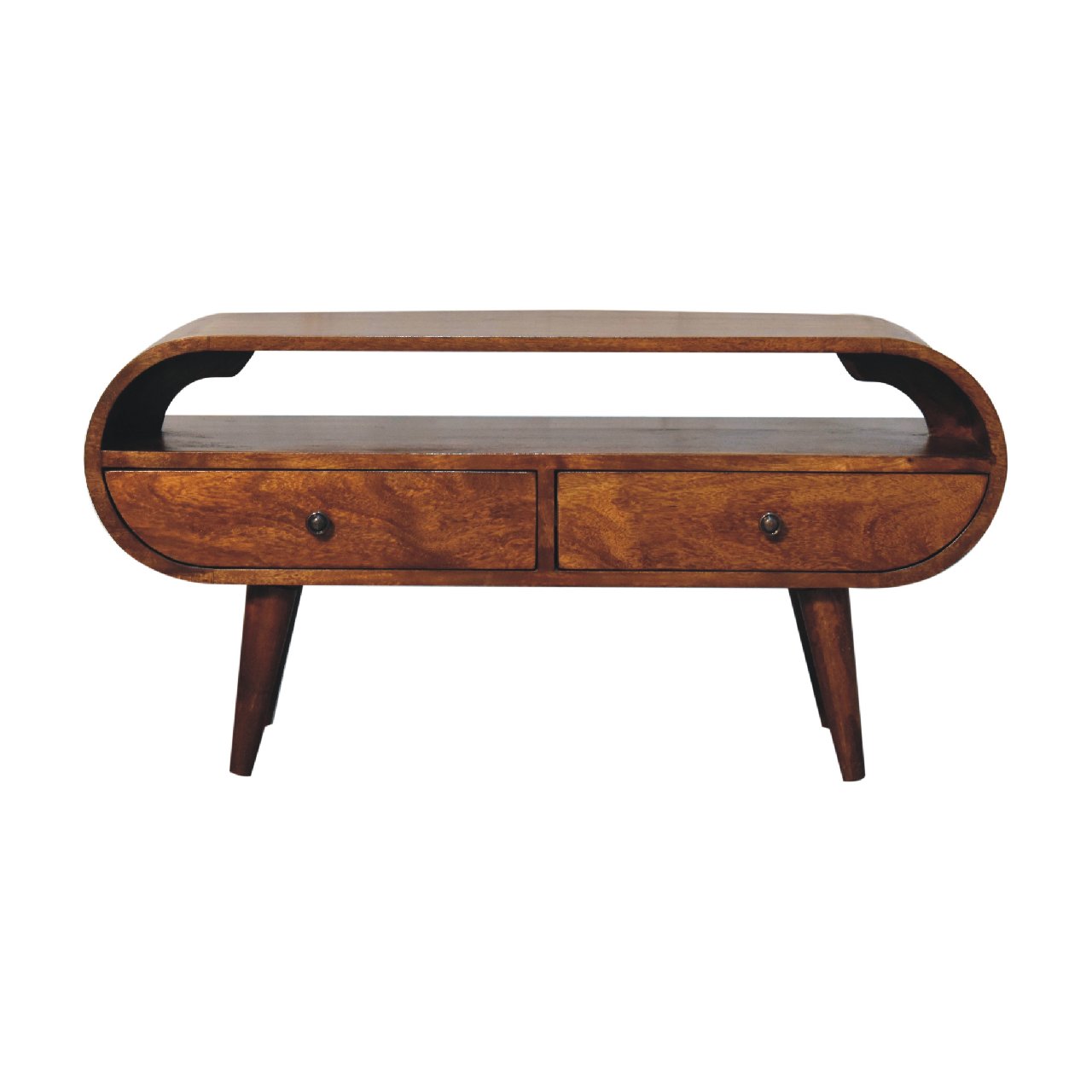 Chestnut TV Stand Circular by Maple Manor, solid wood media unit with two drawers and arched legs