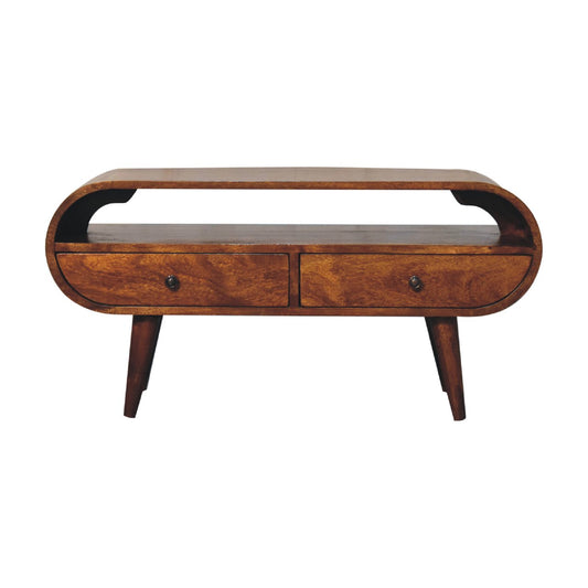 Chestnut TV Stand Circular by Maple Manor, solid wood media unit with two drawers and arched legs