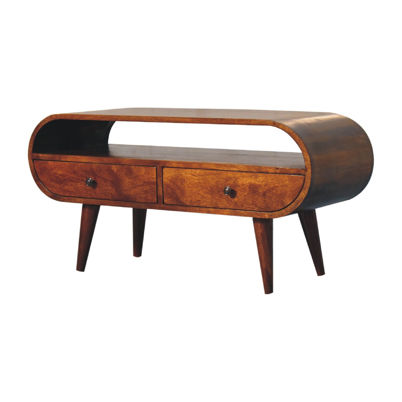 Chestnut TV Stand Circular by Maple Manor TV stand in solid wood with two drawer cabinets and curved top