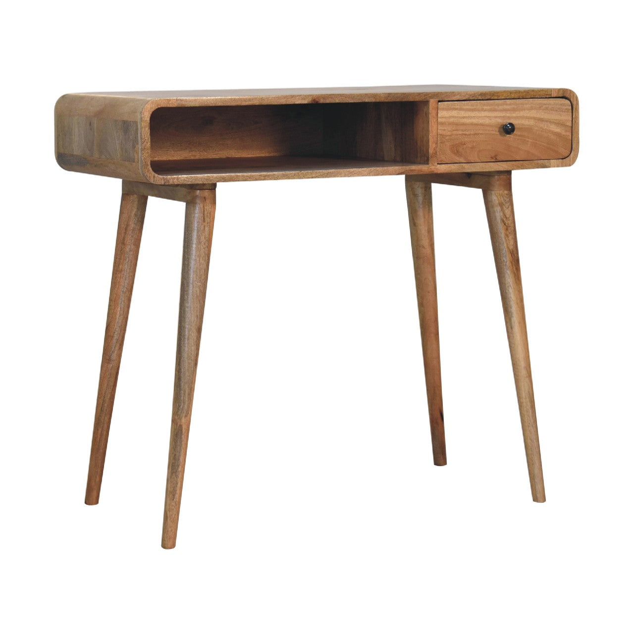 Oak-ish Writing Desk Curved by Maple Manor, solid wood writing desk with curved top and drawer, natural finish
