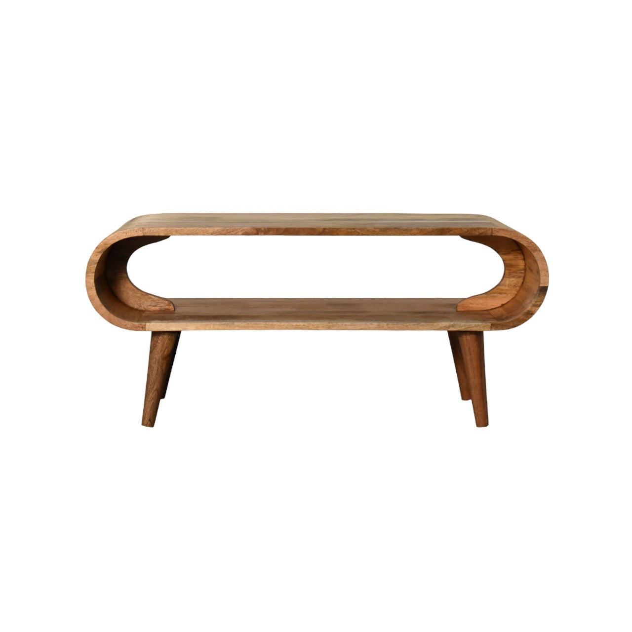 Oak-ish Coffee Table Amaya Nordic Style by Maple Manor in warm wood with oval cutout and tapered legs