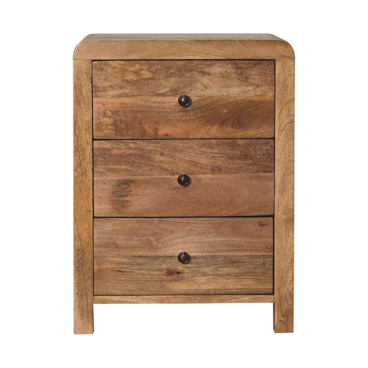 Oak-ish 3 Drawer Bedside - Aspen by Maple Manor, mango wood bedside table with three drawers and black knobs