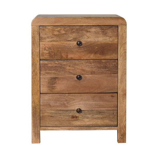 Oak-ish 3 Drawer Bedside - Aspen by Maple Manor, mango wood bedside table with three drawers and black knobs