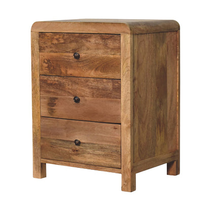 Oak-ish 3 Drawer Bedside - Aspen by Maple Manor, solid wood bedside cabinet with three drawers and dark round knobs.