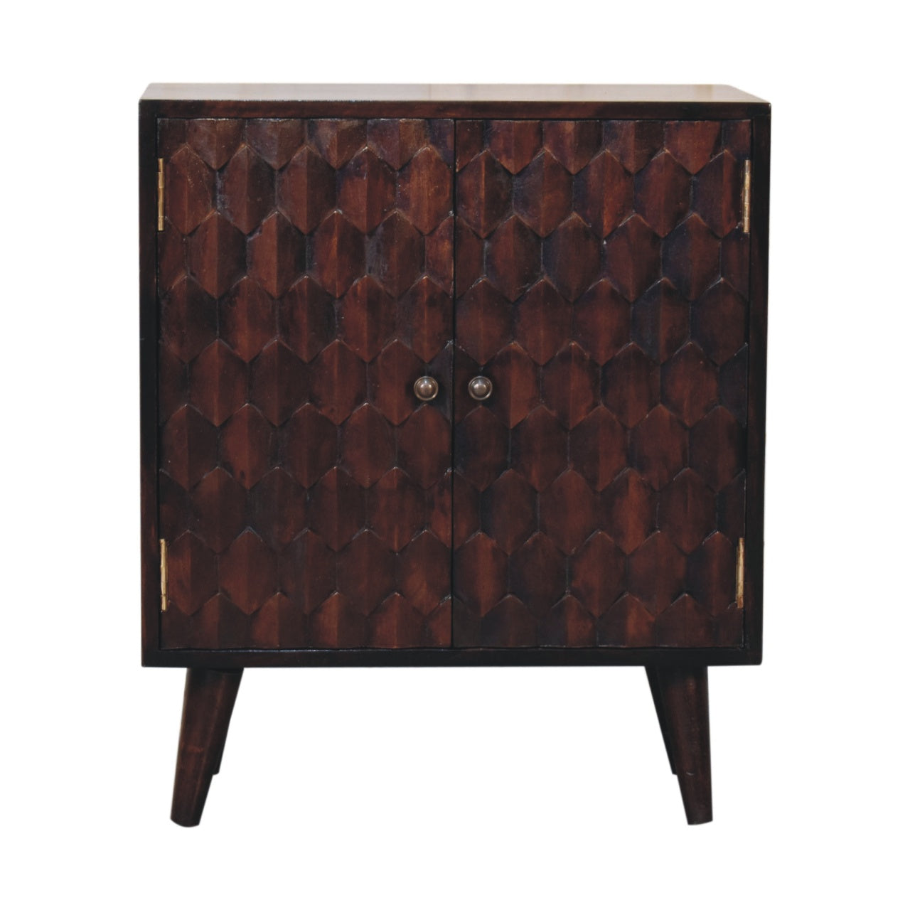 Walnut Cabinet - Mini Pineapple Carved Light by Maple Manor in dark walnut wood with carved door panels and knobs