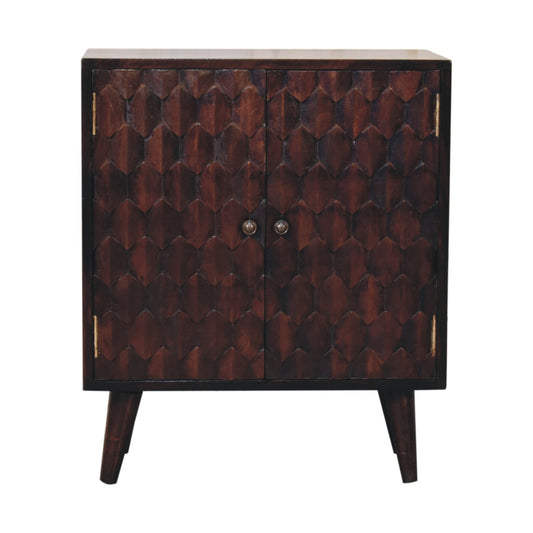 Walnut Cabinet - Mini Pineapple Carved Light by Maple Manor in dark walnut wood with carved door panels and knobs