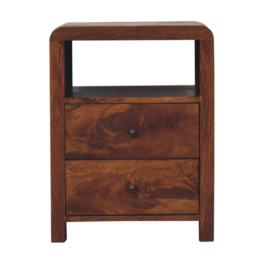 Bedside 2 Drawer - Aspen by Maple Manor wooden bedside table with two drawers and dark knobs, brown wood grain
