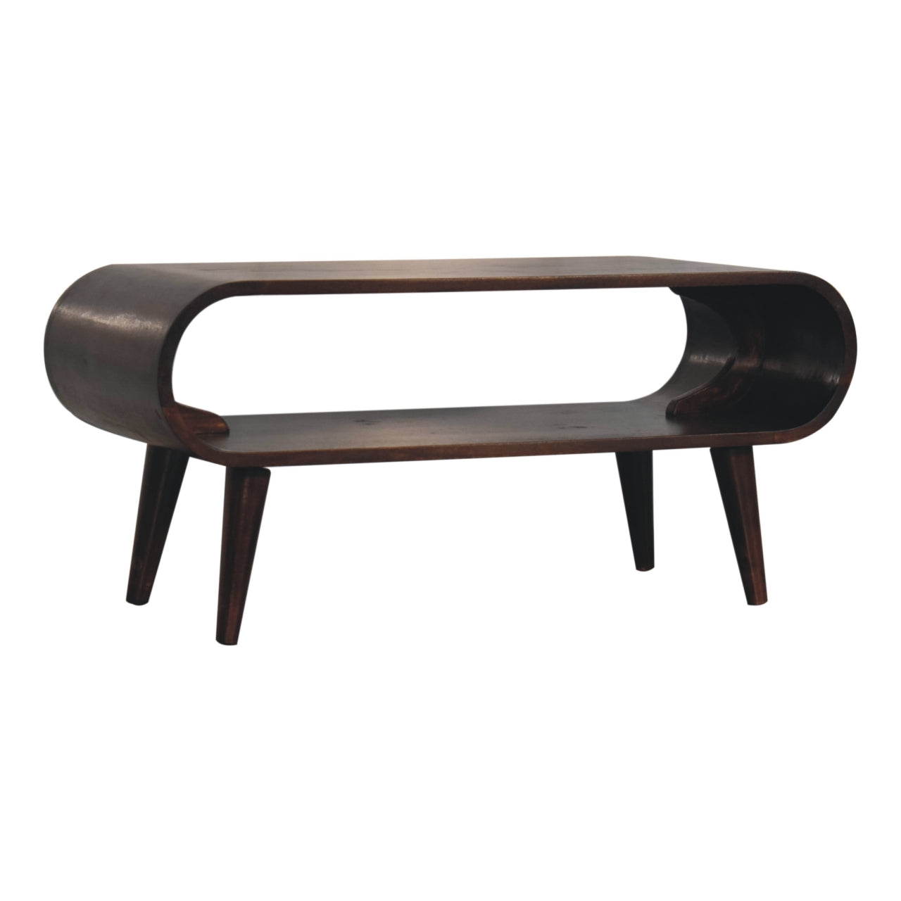 Walnut Coffee Table - Amaya Light by Maple Manor in solid wood, with rounded opening and tapered legs.