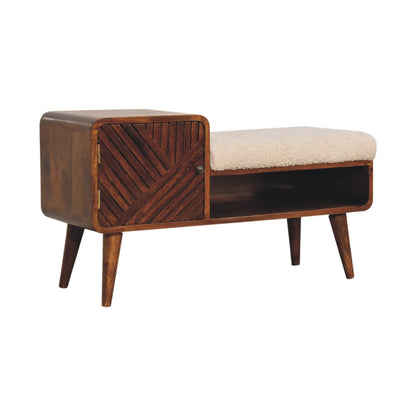 Chestnut Shoe Bench - Boucle Carved Maple Manor hallway bench in solid wood with cream boucle top and carved door
