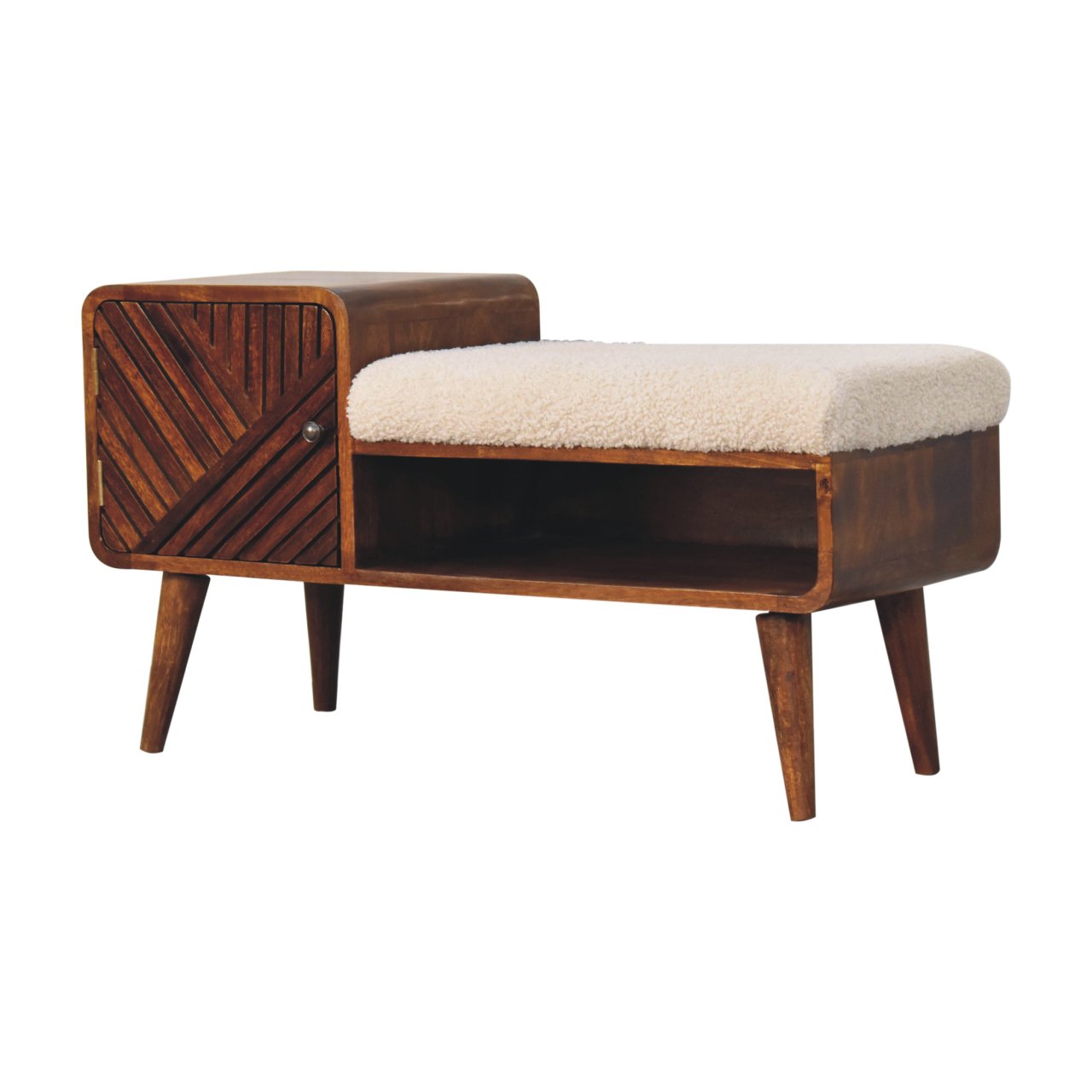 Chestnut Shoe Bench - Boucle Carved by Maple Manor, solid wood hallway bench with carved panel and tan boucle seat.