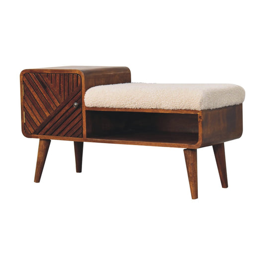 Chestnut Shoe Bench - Boucle Carved by Maple Manor, solid wood hallway bench with carved panel and tan boucle seat.