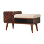 Chestnut Shoe Bench - Boucle Carved by Maple Manor, solid wood hallway bench with carved panel and tan boucle seat.