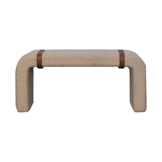 Leather Bench Boucle Strap by Maple Manor, tan boucle bench with brown leather-style strap detail and arched legs