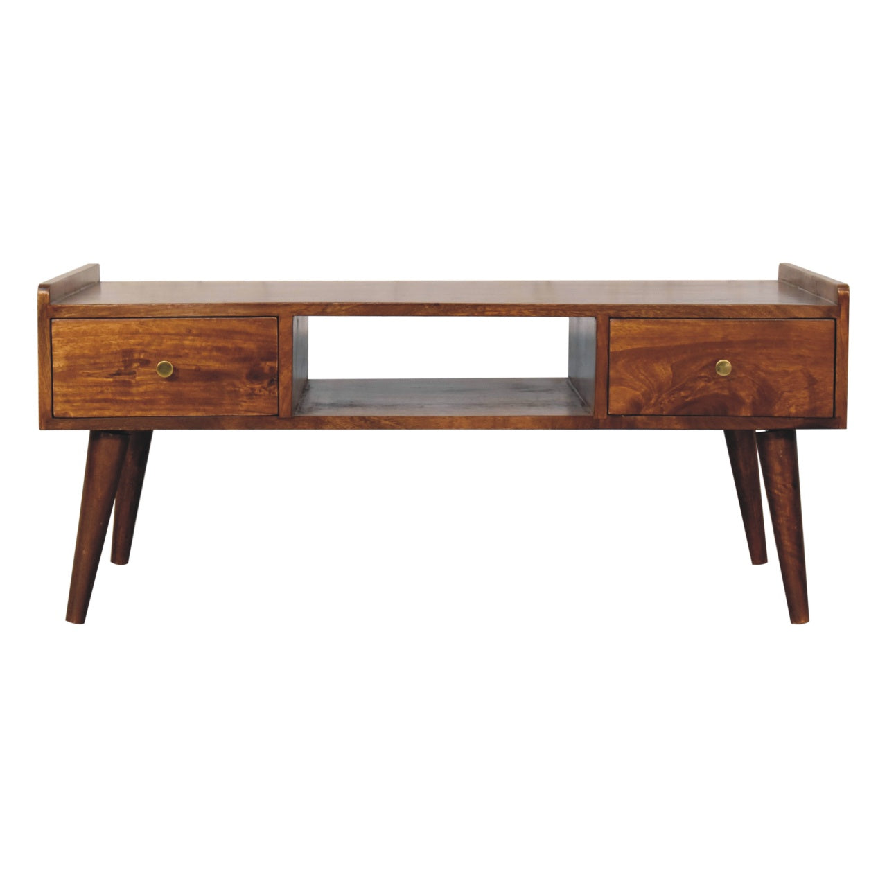 Chestnut Media Unit Elevated by Maple Manor solid wood media unit in chestnut with two drawers and open shelf
