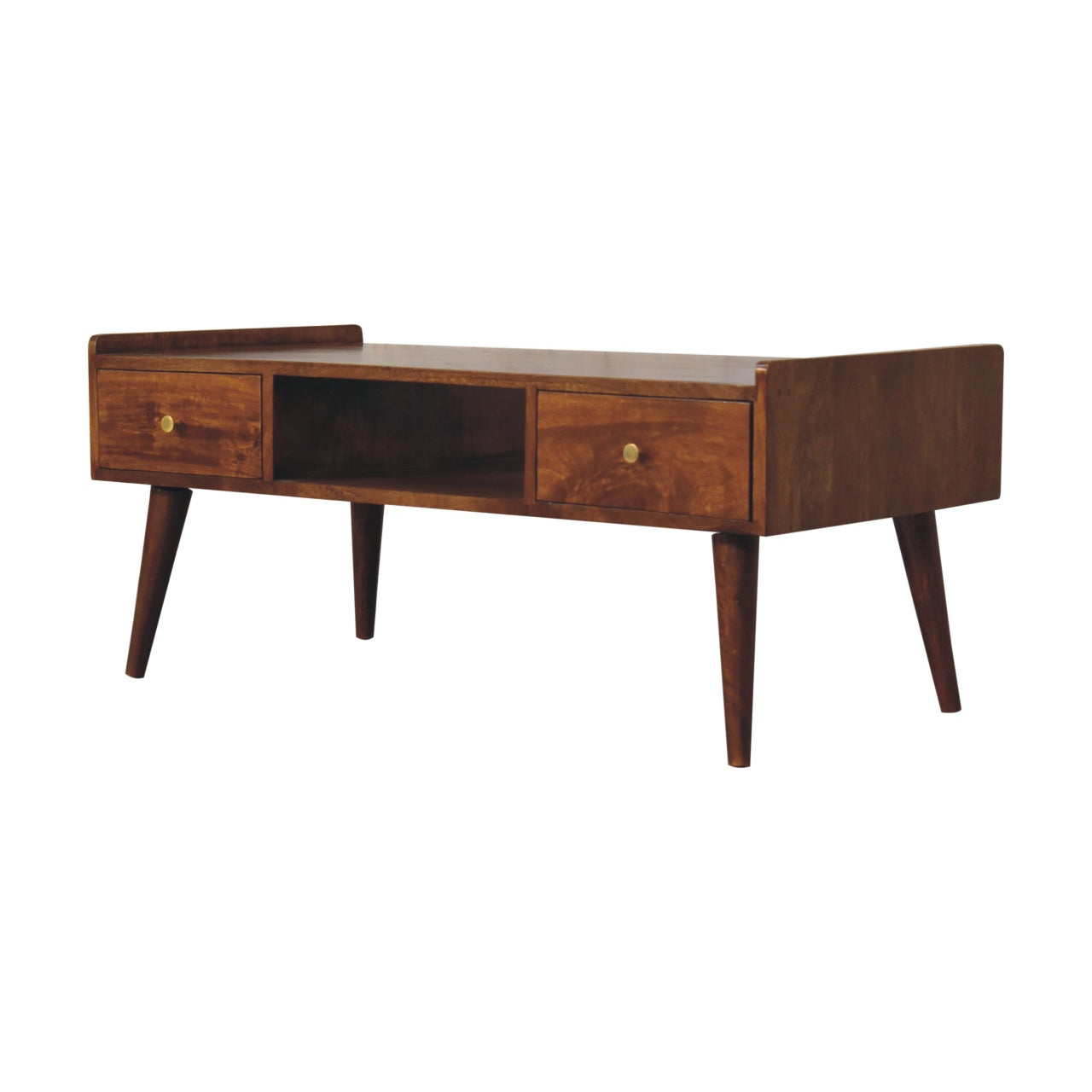 Chestnut Media Unit Elevated by Maple Manor solid wood media unit in chestnut with brass knobs and open center