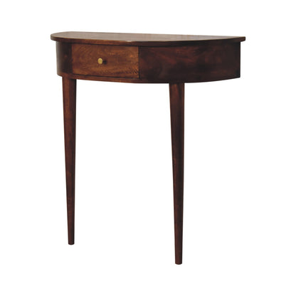 Chestnut Console Backless Mounted by Maple Manor console table in mango wood with one drawer and tapered legs