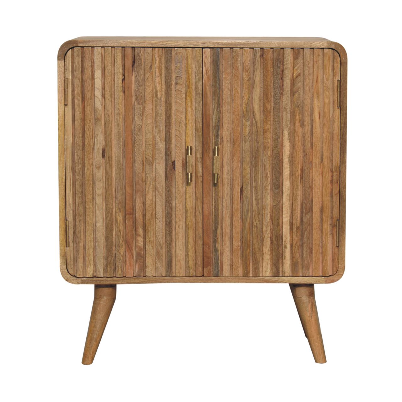 Cabinet T-bar Ridged by Maple Manor in ridged wood with brass T-bar handles and tapered legs