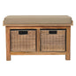Linen Bench Rattan Basket by Maple Manor, solid wood frame with woven rattan storage baskets and beige cushion