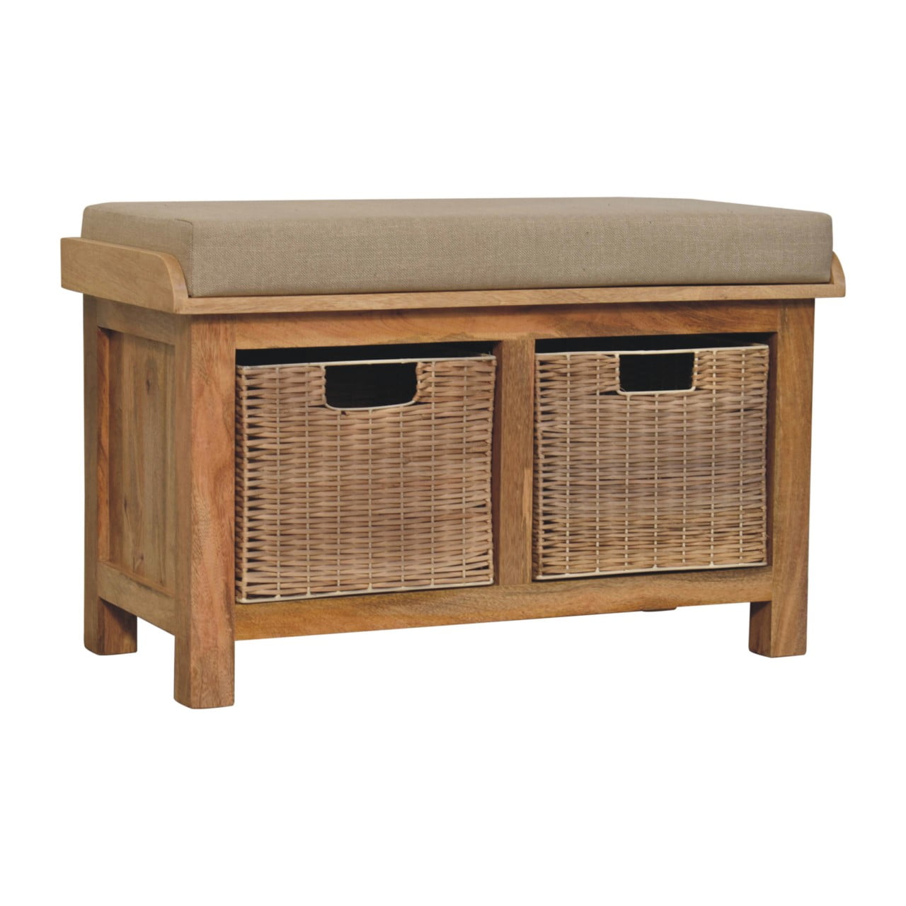 Linen Bench Rattan Basket by Maple Manor in solid wood with beige linen seat and woven rattan baskets