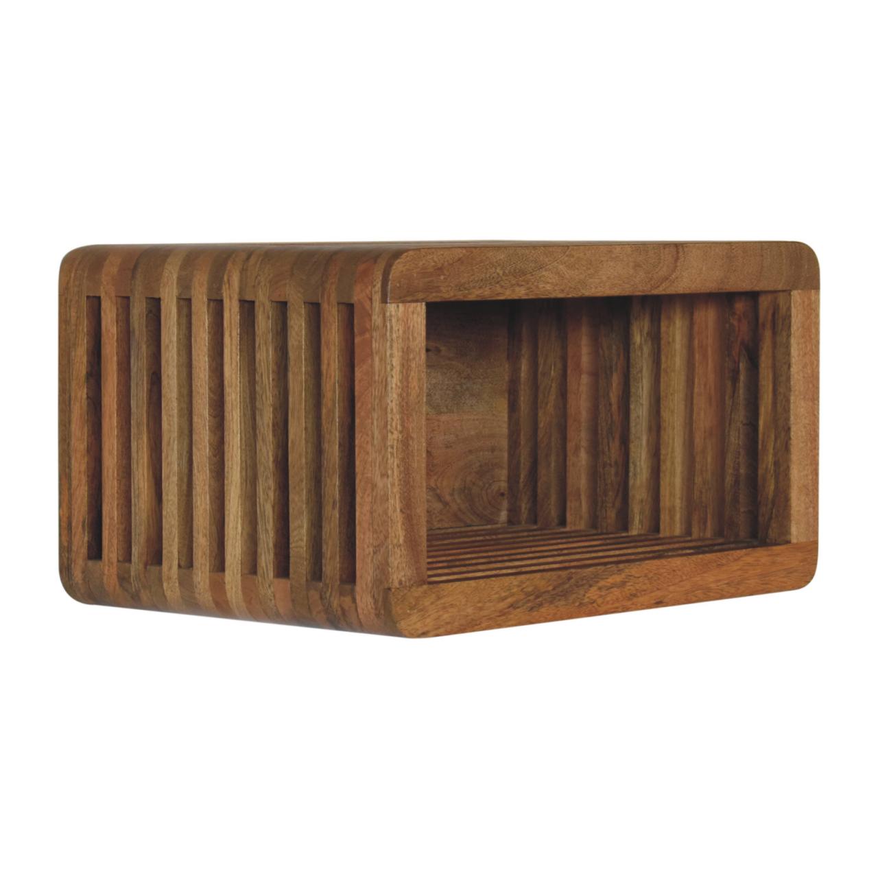 Wall Mounted Bedside Soba by Maple Manor, solid wood wall shelf with slatted front and warm natural finish.