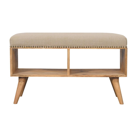 Open Bench - Studded Linen by Maple Manor beige studded linen top on solid wood legs