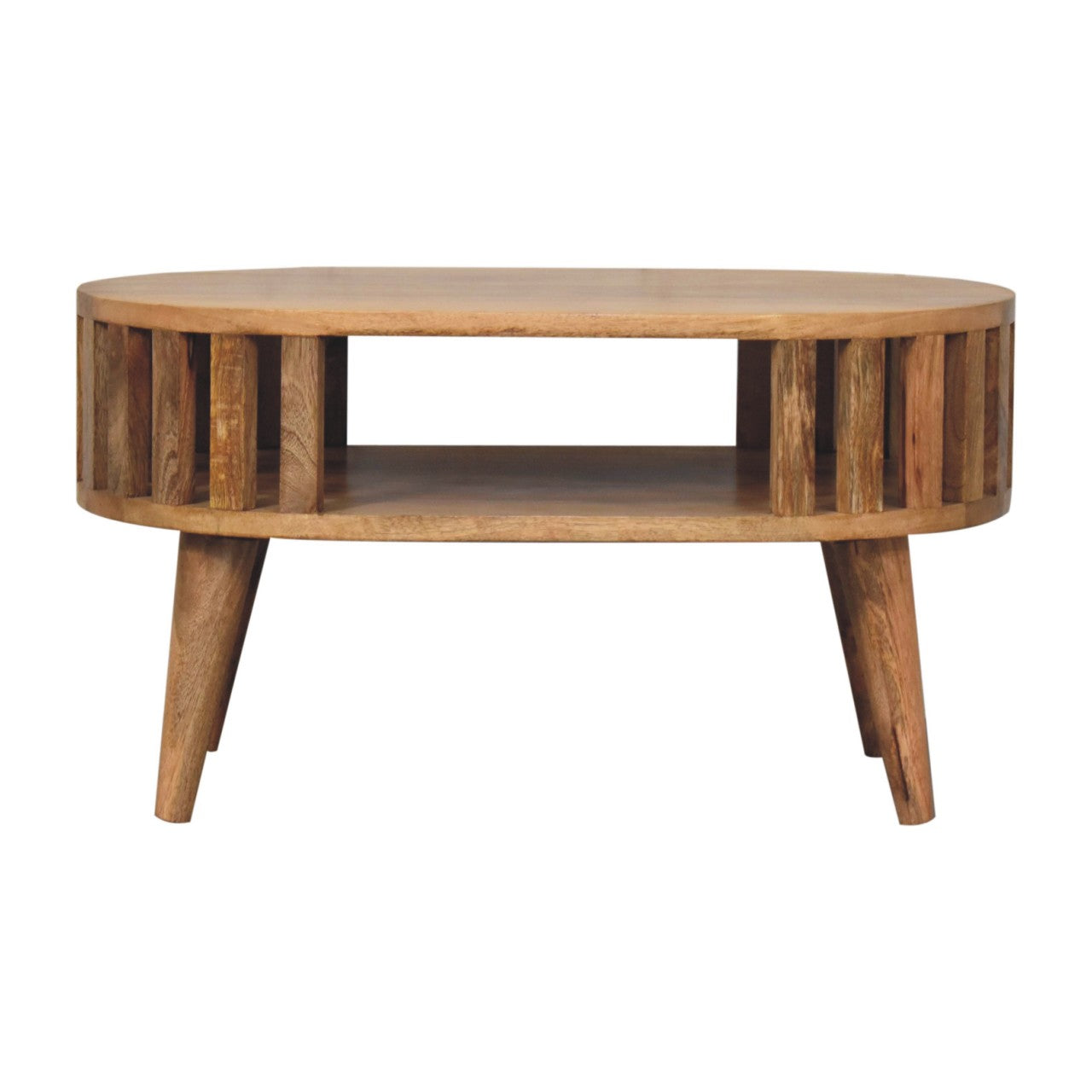 Coffee Table Mini Ariella by Maple Manor round solid wood coffee table with ribbed apron and tapered legs
