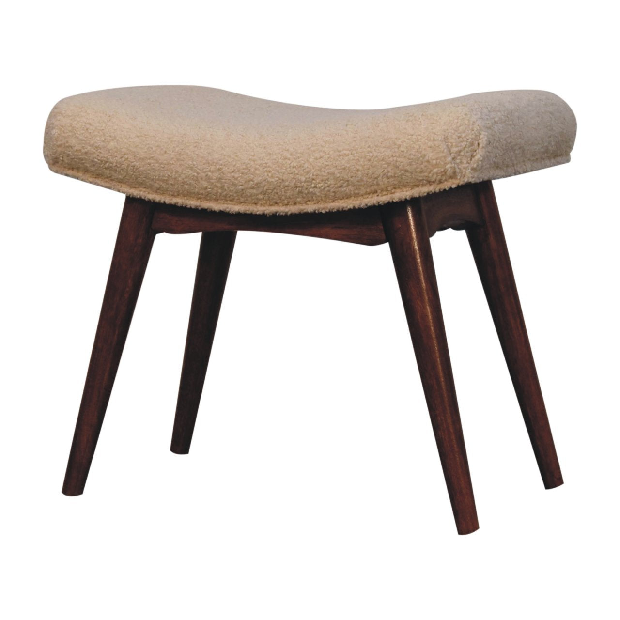 Curved Bench Honey Caramel Boucle Cream by Maple Manor, solid wood legs and cream boucle upholstered seat.
