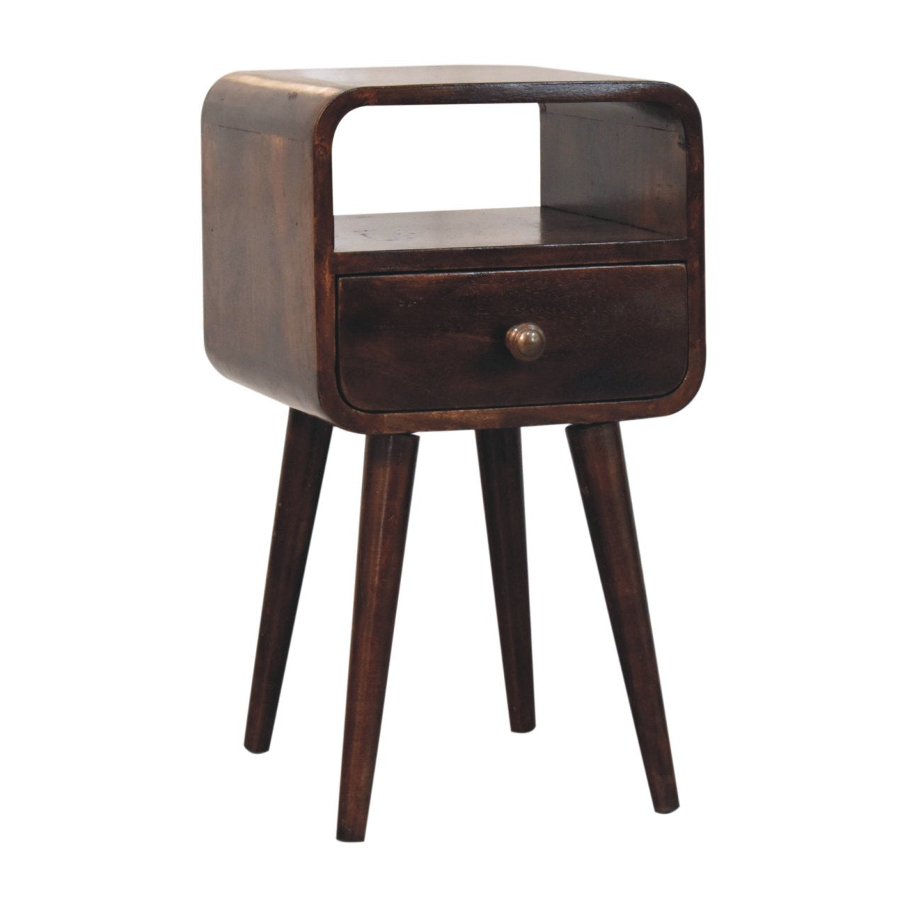 Bedside with Open Slot - Mini California Walnut Curved by Maple Manor, mango wood nightstand with open shelf and drawer