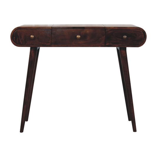 Walnut Dressing Table with Foldable Mirror California by Maple Manor in solid wood with 3 drawers, dark brown.