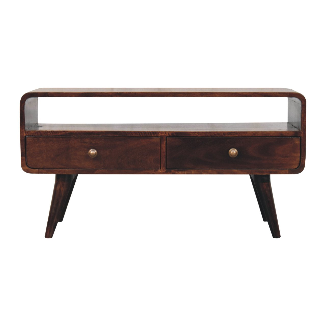 Walnut Media Unit - Curved California by Maple Manor, solid wood media console with two drawers and brass knobs