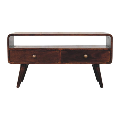Walnut Media Unit - Curved California by Maple Manor, solid wood media console with two drawers and brass knobs