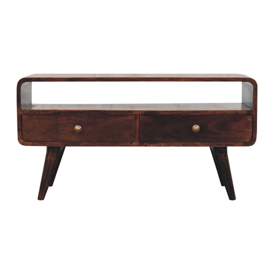 Walnut Media Unit - Curved California by Maple Manor, solid wood media console with two drawers and brass knobs