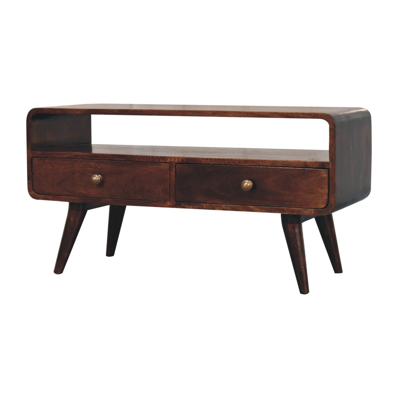 Walnut Media Unit - Curved California by Maple Manor in solid wood, with two drawers and open shelf.