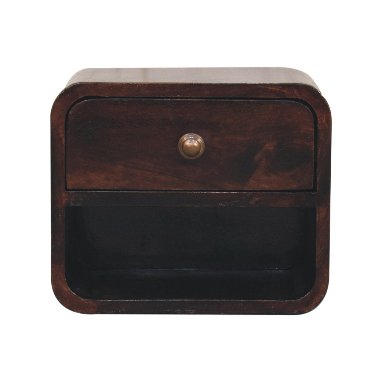Wall Mounted Bedside - Mini Curved California Walnut by Maple Manor, curved bedside table with one drawer and knob