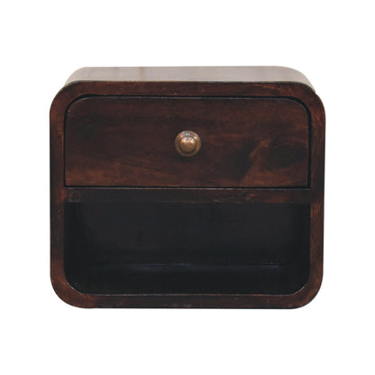 Wall Mounted Bedside - Mini Curved California Walnut by Maple Manor, curved bedside table with one drawer and knob