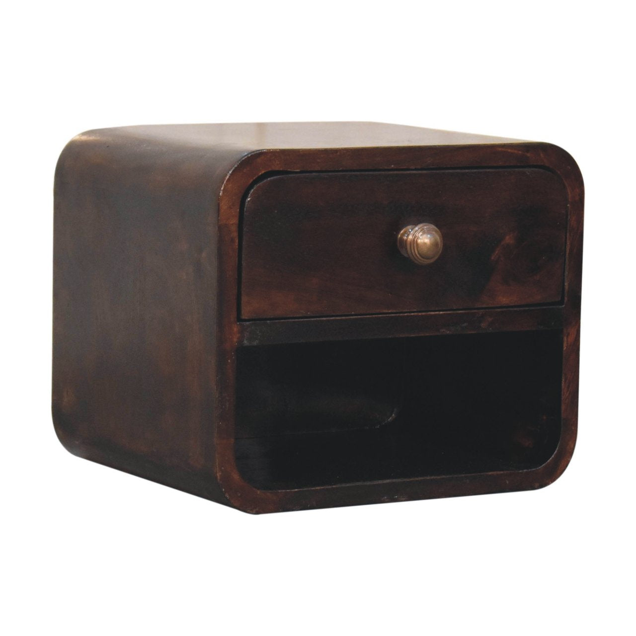 Wall Mounted Bedside - Mini Curved California Walnut by Maple Manor solid wood drawer table with round knob.