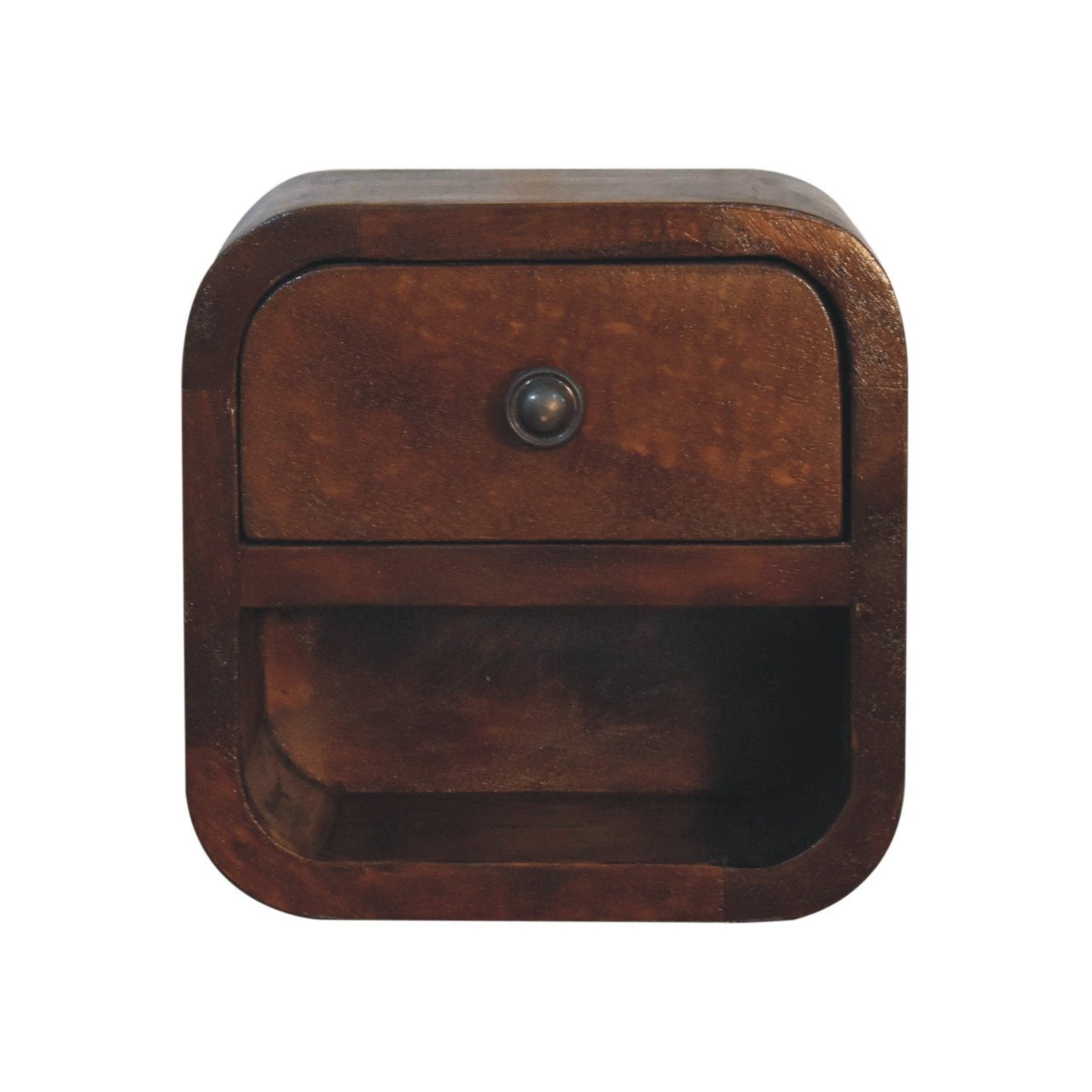 Bedside with Open Slot - Extra Mini Curved Chestnut by Maple Manor, solid wood bedside table in chestnut with knob