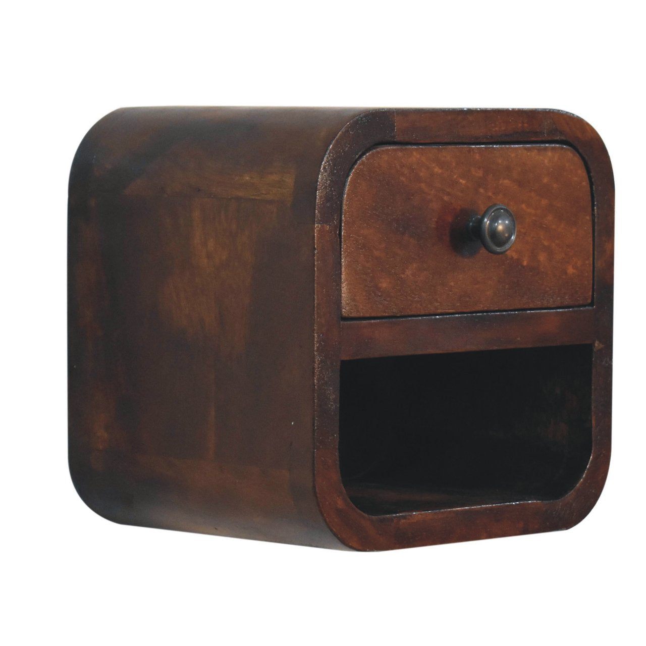 Bedside with Open Slot - Extra Mini Curved Chestnut by Maple Manor solid wood bedside table, curved chestnut open slot