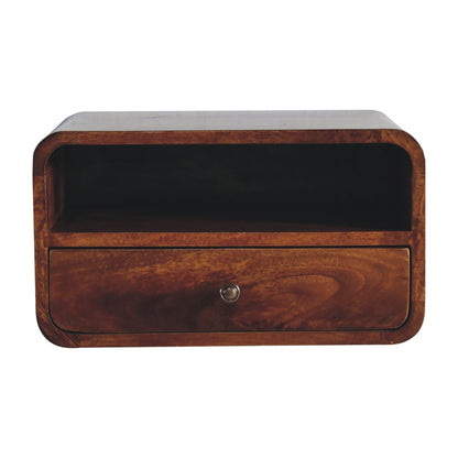 Floating Bedside - Large Chestnut Curve Upper Slot by Maple Manor, solid wood wall mounted bedside table with drawer slot.