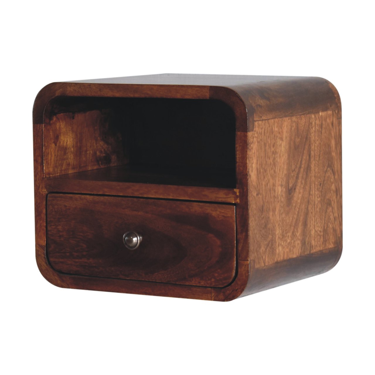 Wall Mounted Bedside - Extra Mini Curved Chestnut by Maple Manor in chestnut mango wood with drawer
