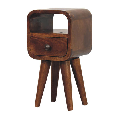 Chestnut Bedside Extra Mini Curve Open Slot by Maple Manor solid wood bedside table with open shelf and drawer.