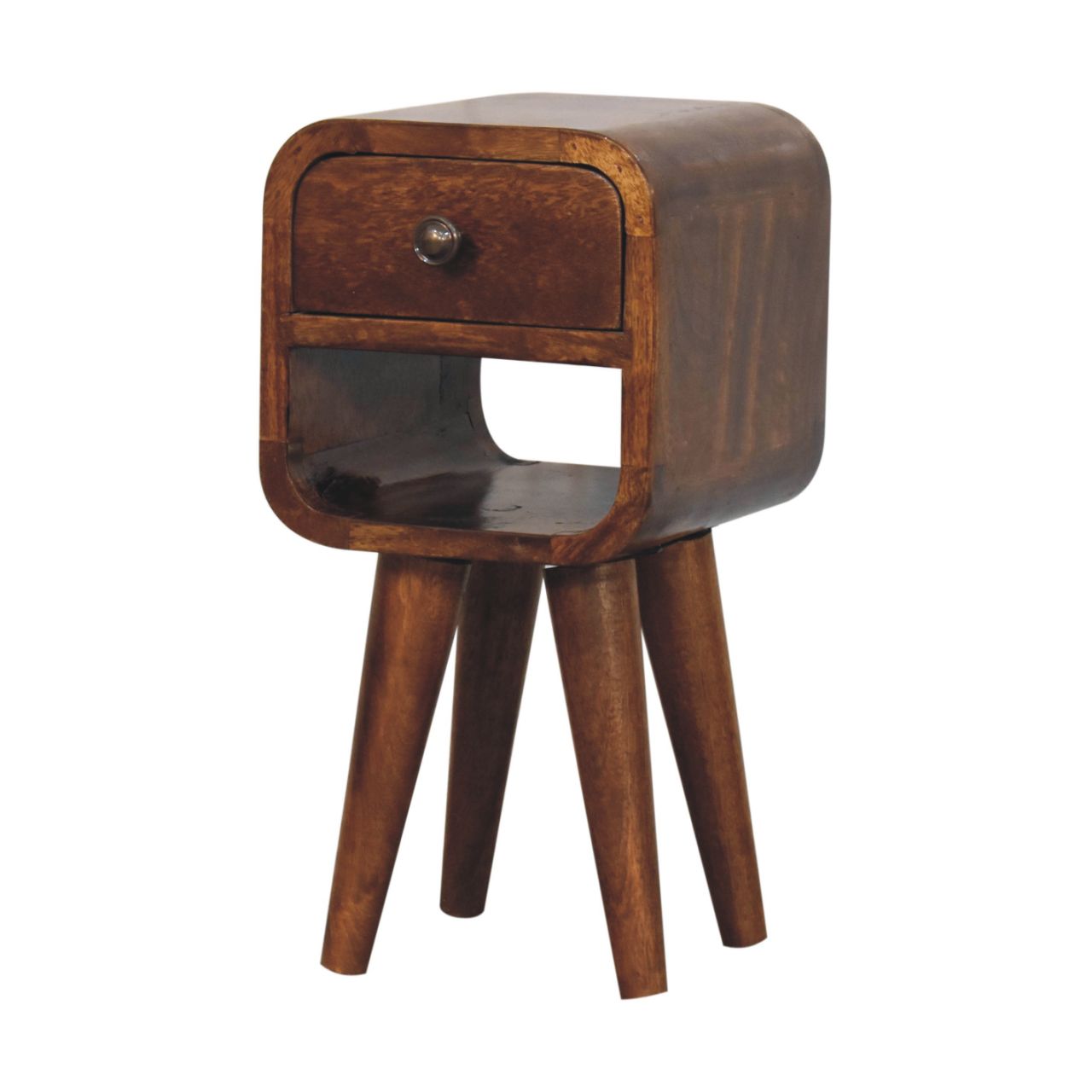 Chestnut Bedside Extra Mini Curve Lower by Maple Manor bedside table in chestnut solid wood with drawer and shelf