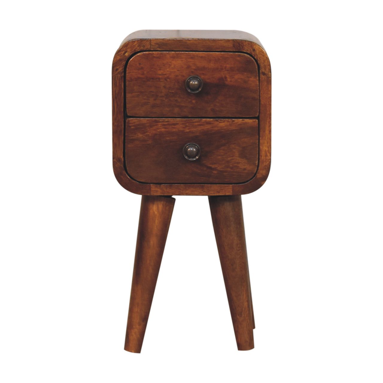 Chestnut Bedside Extra Mini Curved Maple Manor bedside table in solid wood with two drawers and round knobs